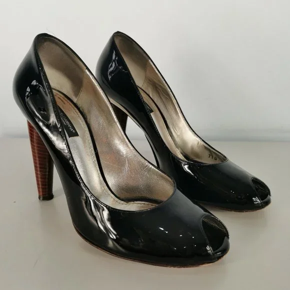 D&G Dolce Gabbana Black Patent Leather Open Toe Shoes High Heel 38 UK 5 RRP £242 - Picture 2 of 9